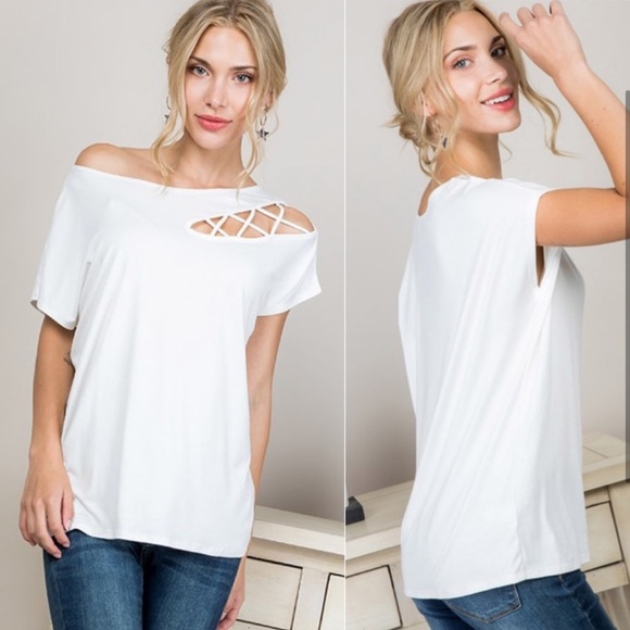 WHITE CRISS CROSS SHOULDER CUT OUT SHORT SLEEVE TOP - Picture 3 of 4